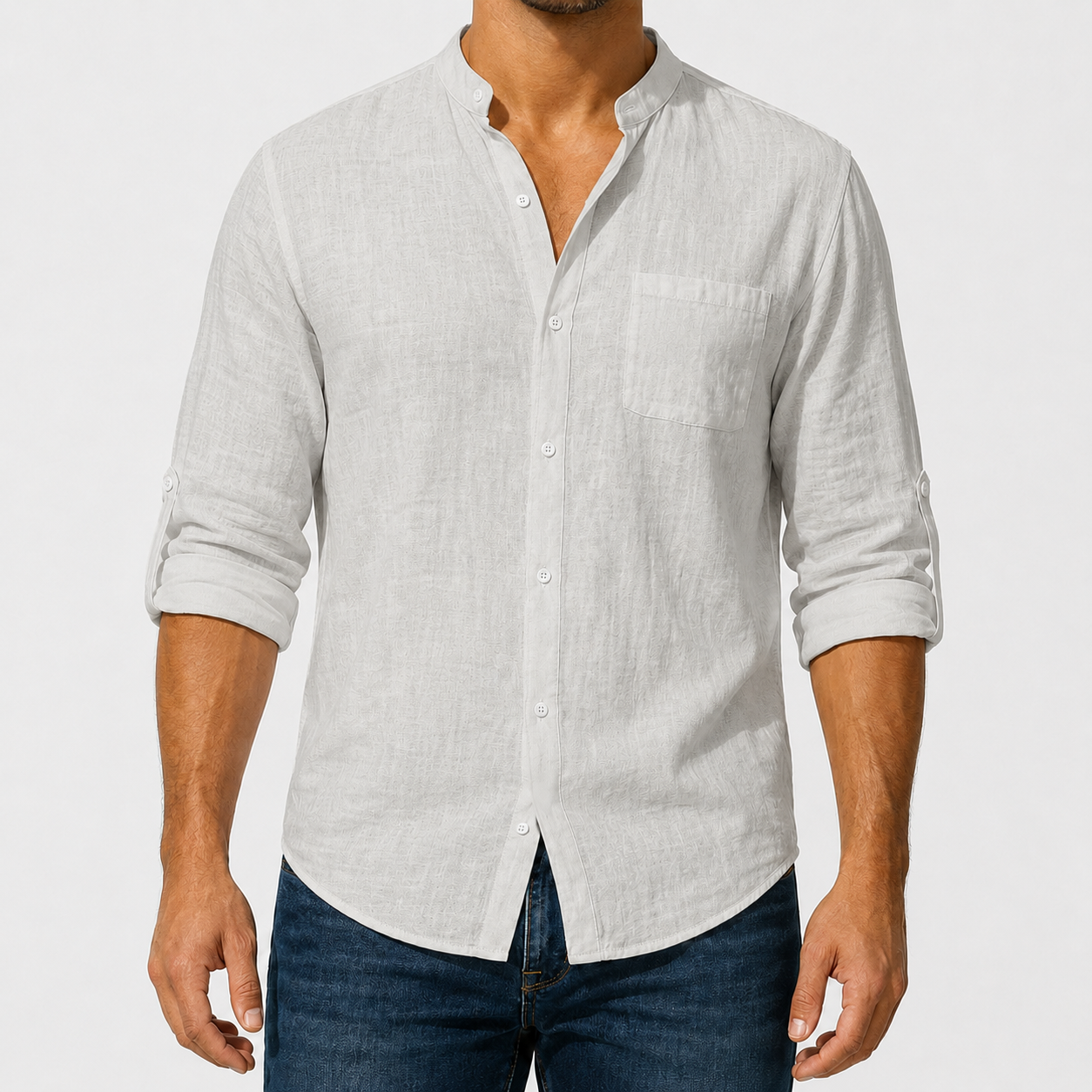 Men's lightweight woven mandarin collar shirt in light gray