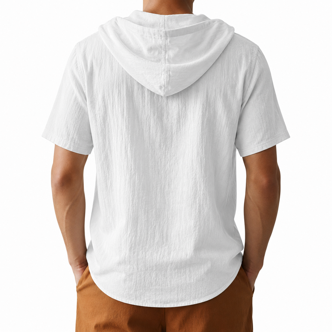 Back view of white textured hooded short sleeve shirt