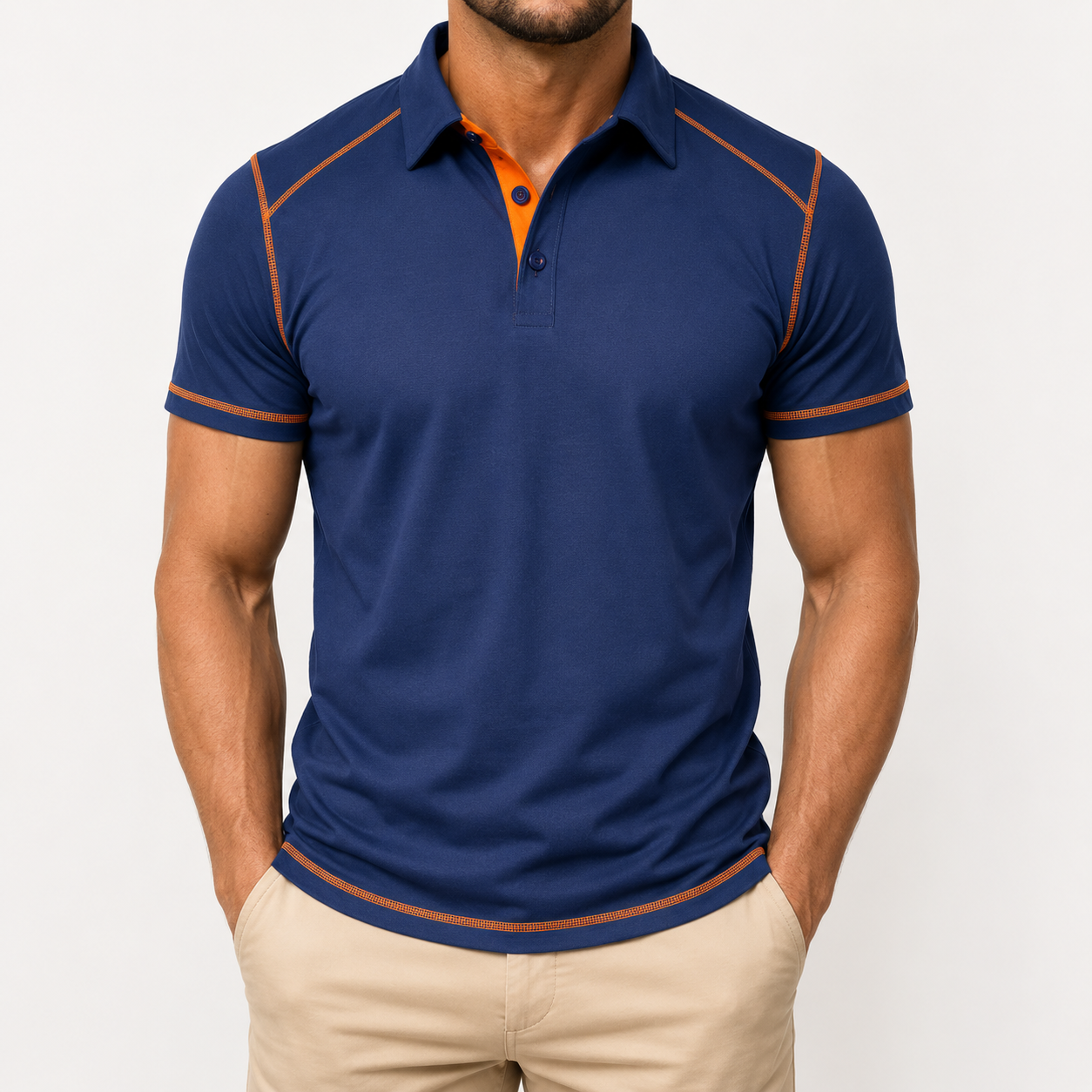 Navy blue men's contrast trim polo shirt front view