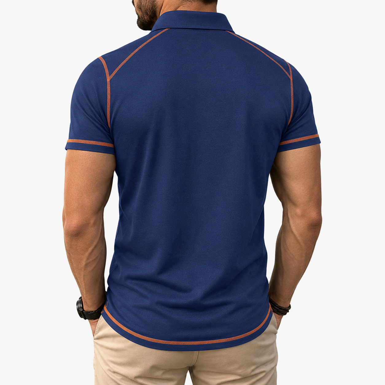 Navy blue men's contrast trim polo shirt back view