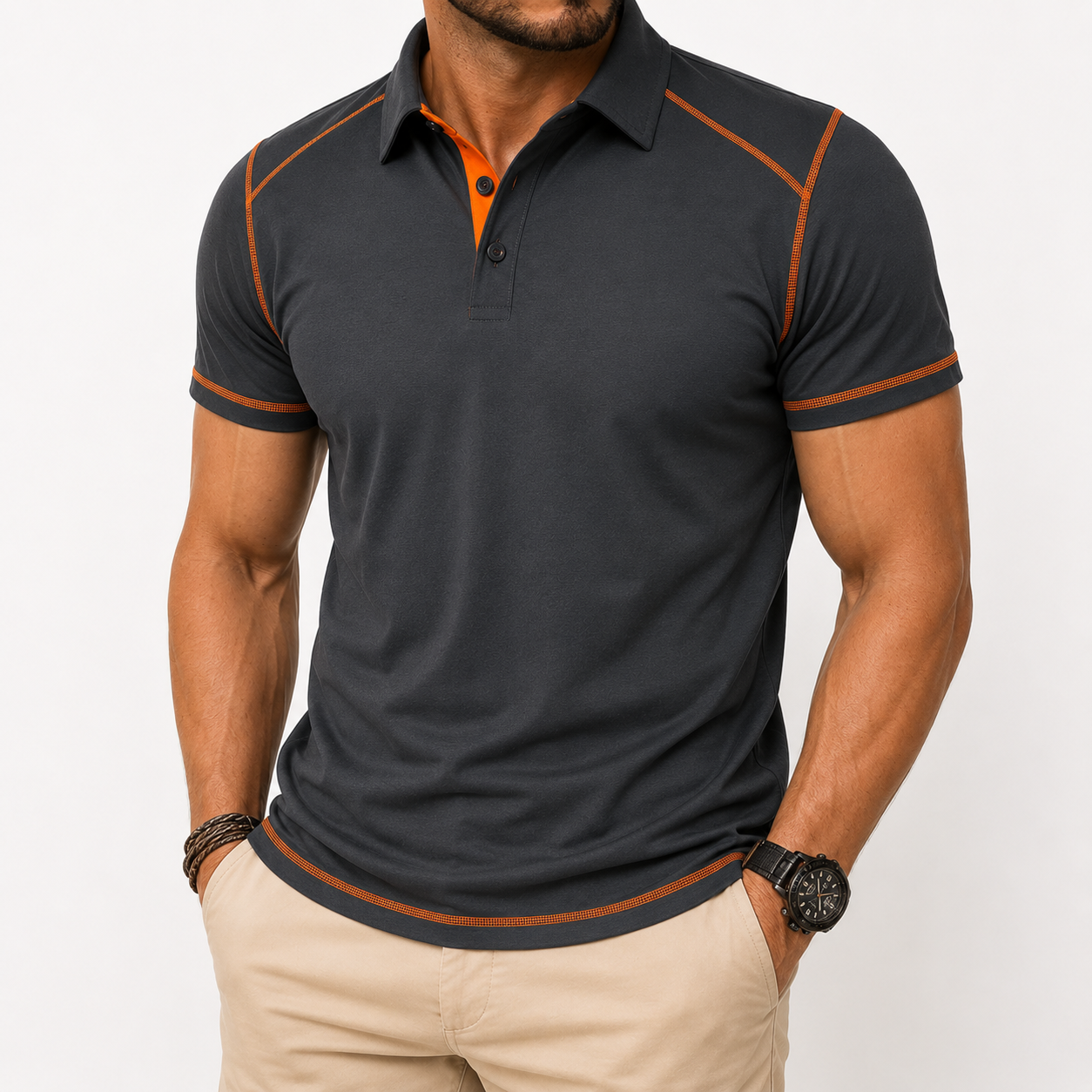 Charcoal gray men's contrast trim polo shirt front view