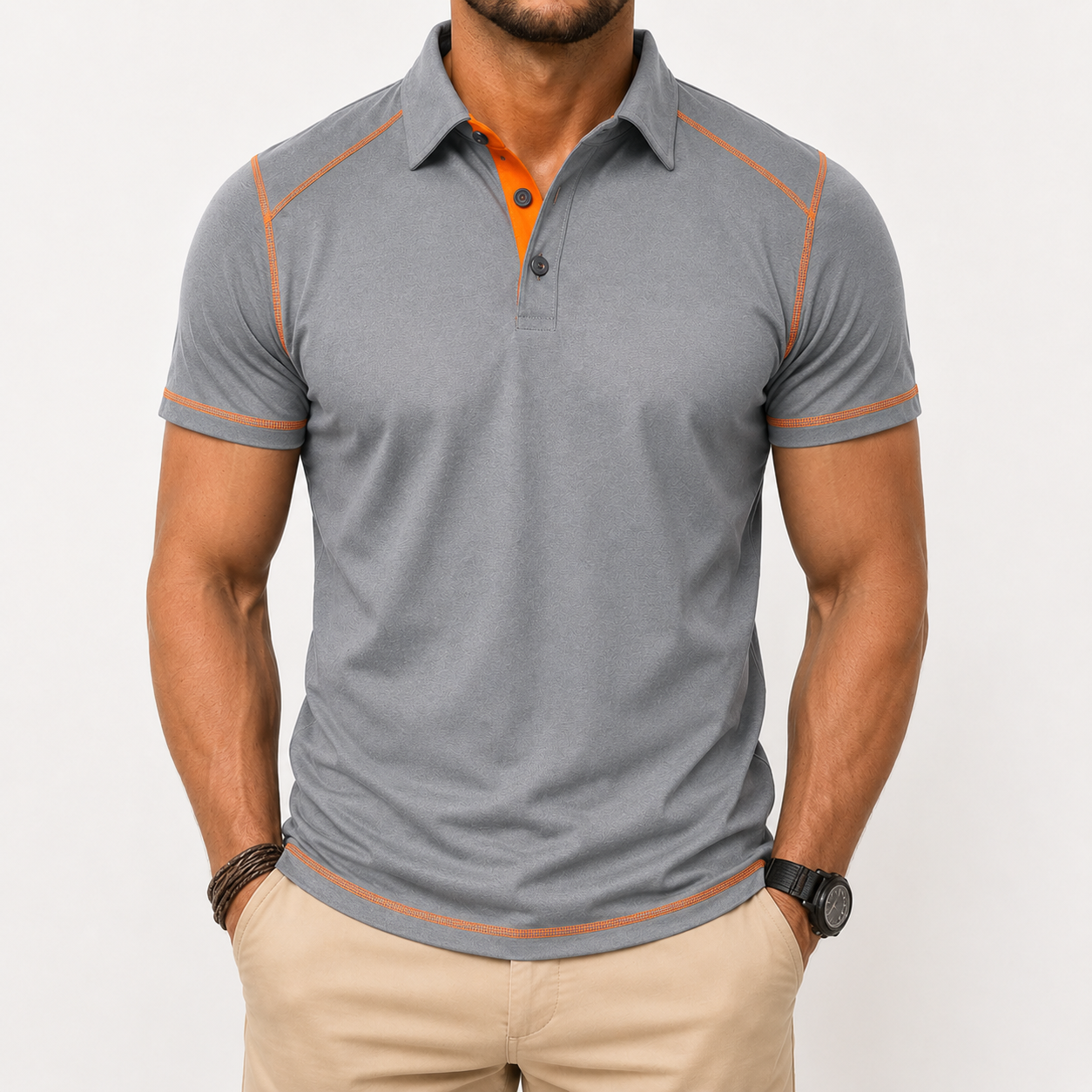 Heather gray men's contrast trim polo shirt front view