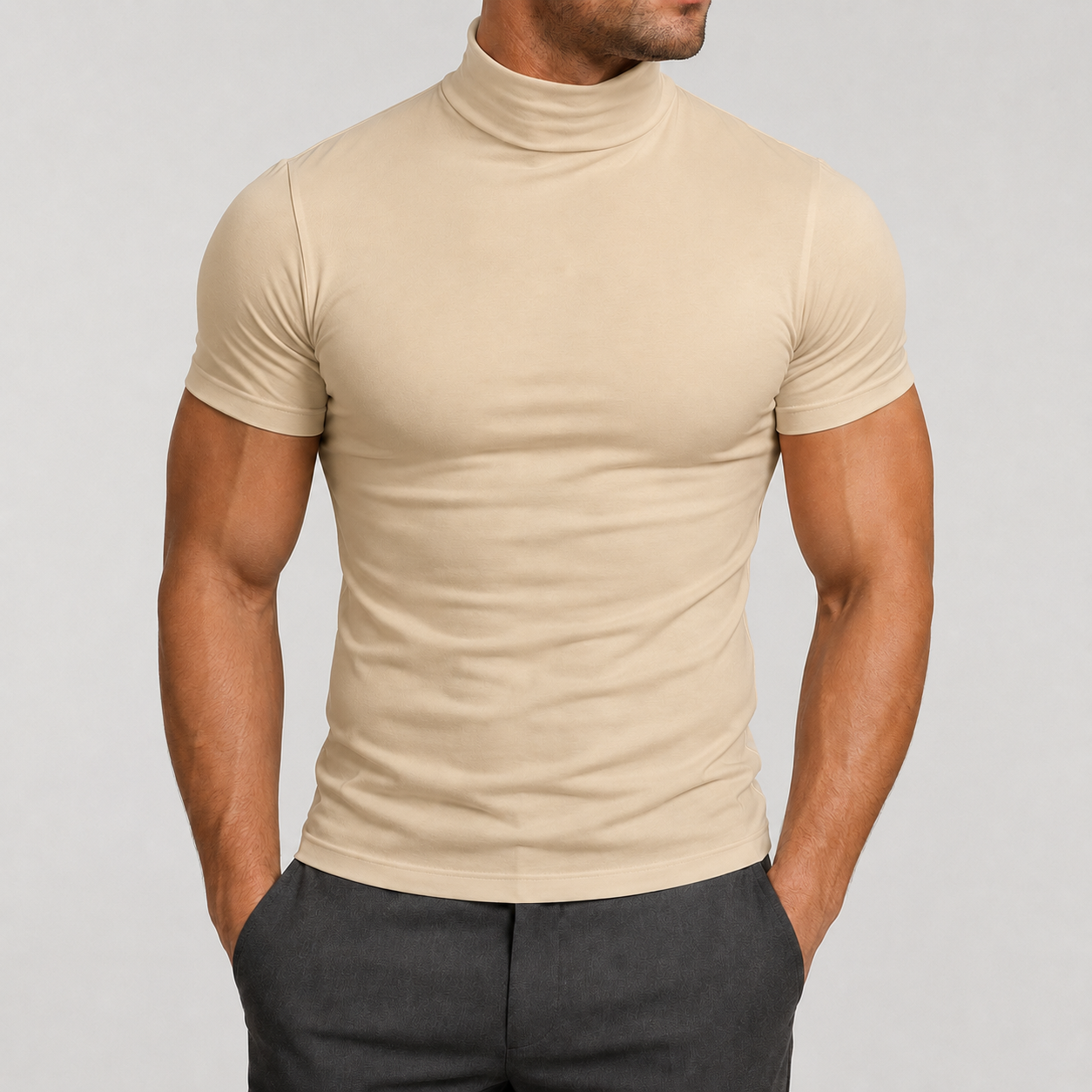 Light Beige men's fitted mock neck T-shirt