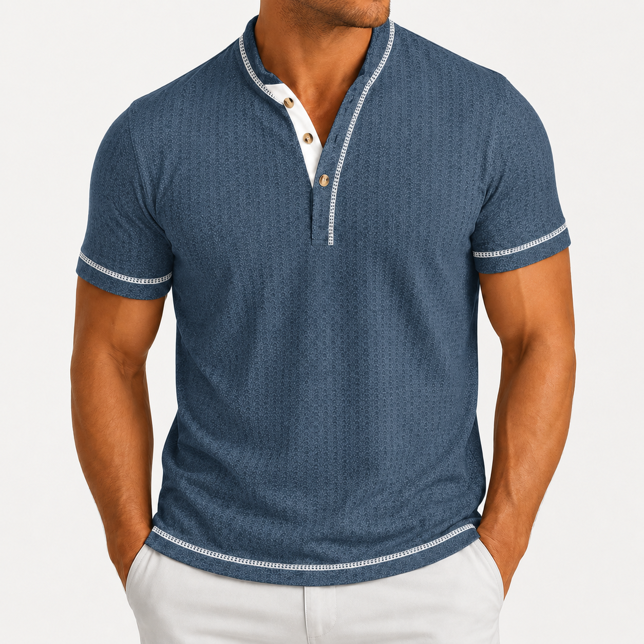 Men's textured Henley polo in Denim Blue
