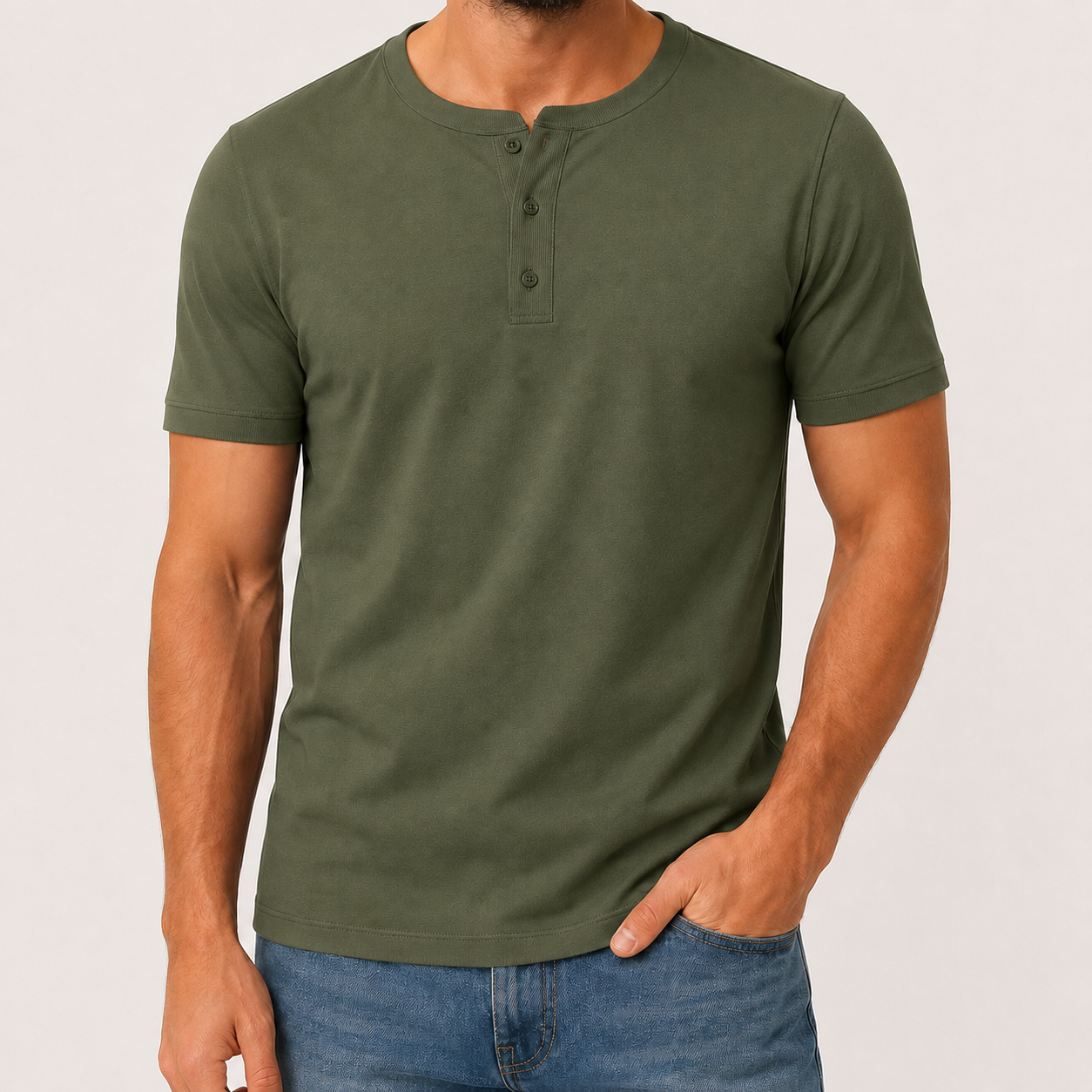 Men's henley T-shirt Olive Green front view