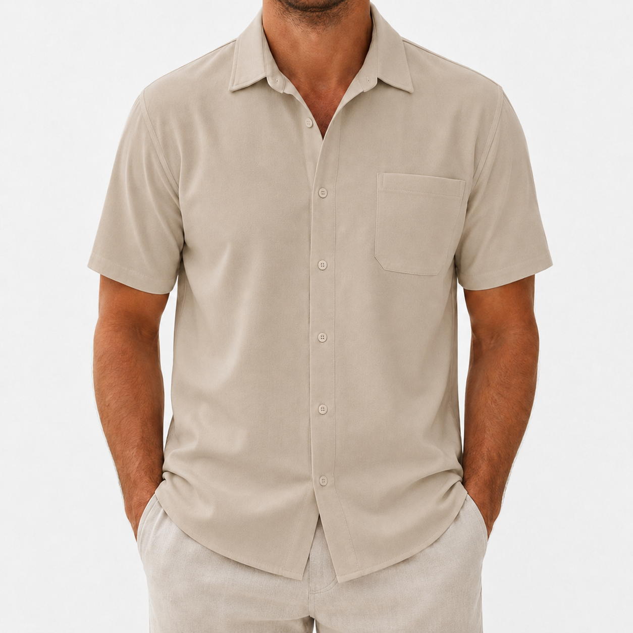 Men's short sleeve button-up shirt light taupe 8-pack