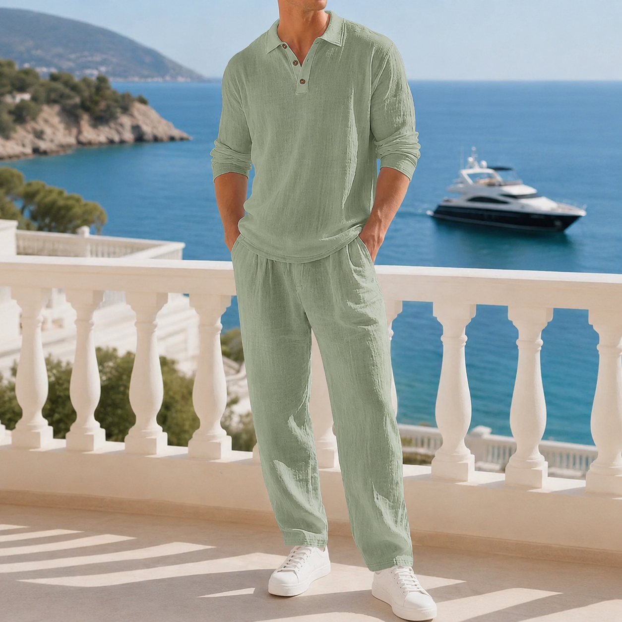 Mens sage green textured henley set