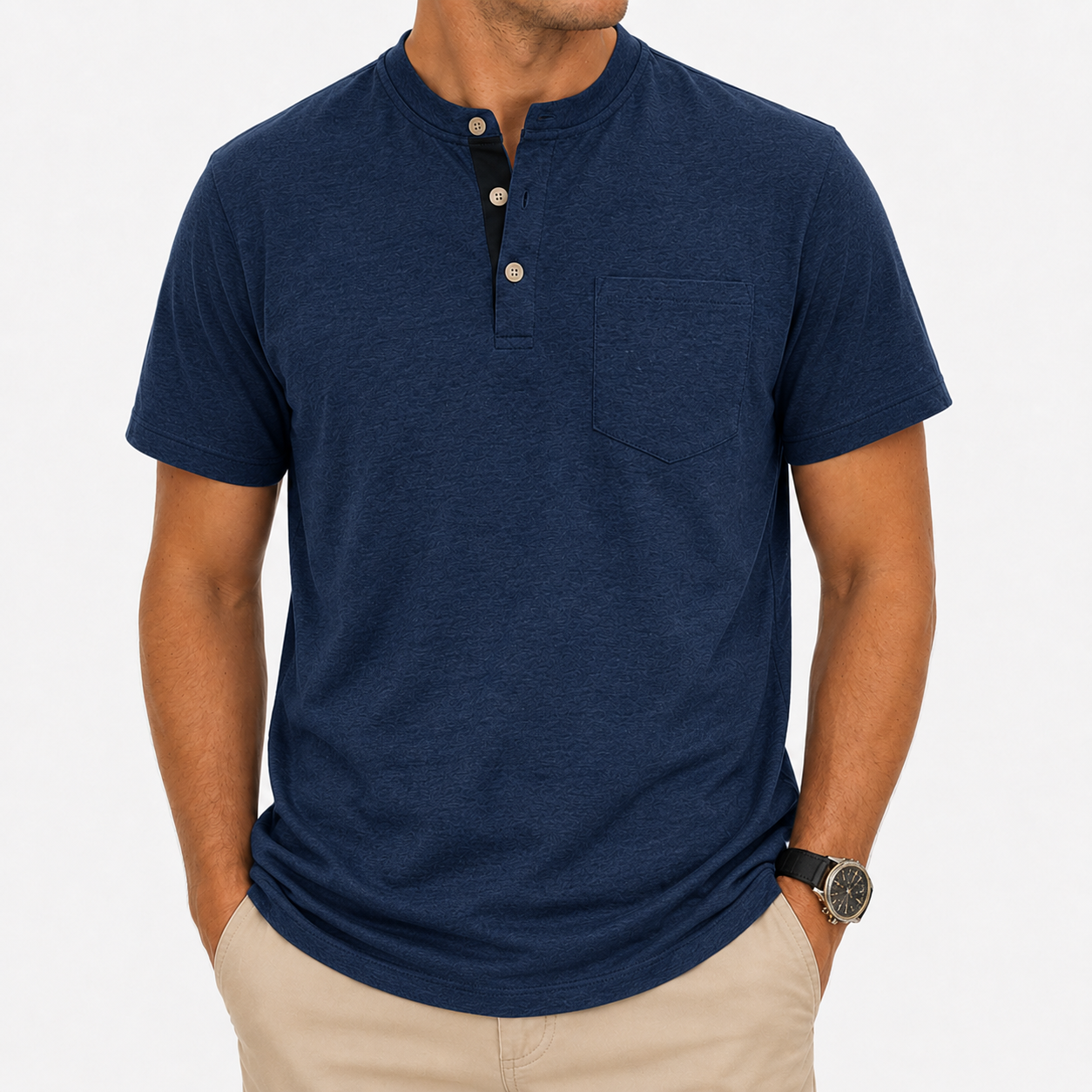 Men’s navy blue heathered Henley T-shirt