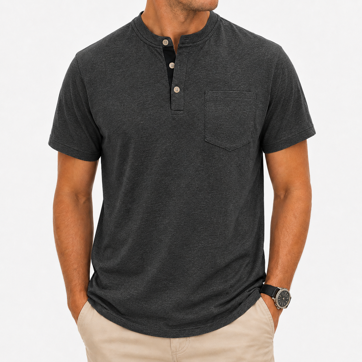 Men’s charcoal gray heathered Henley T-shirt