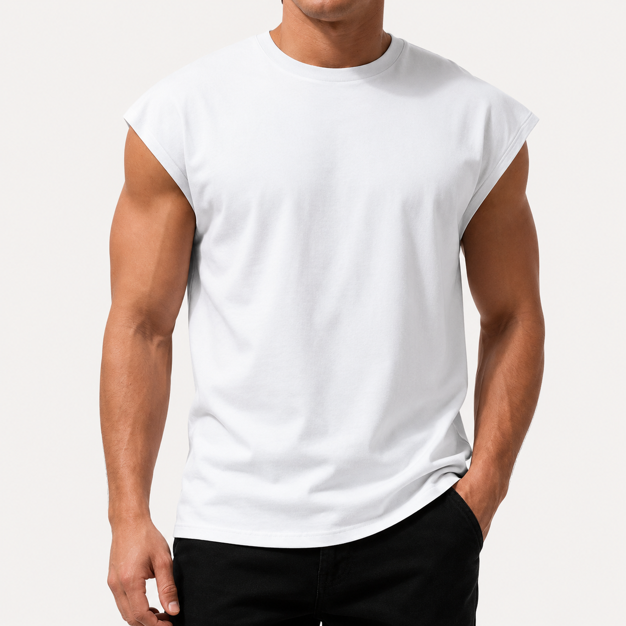 White men's sleeveless crew neck muscle tee front view