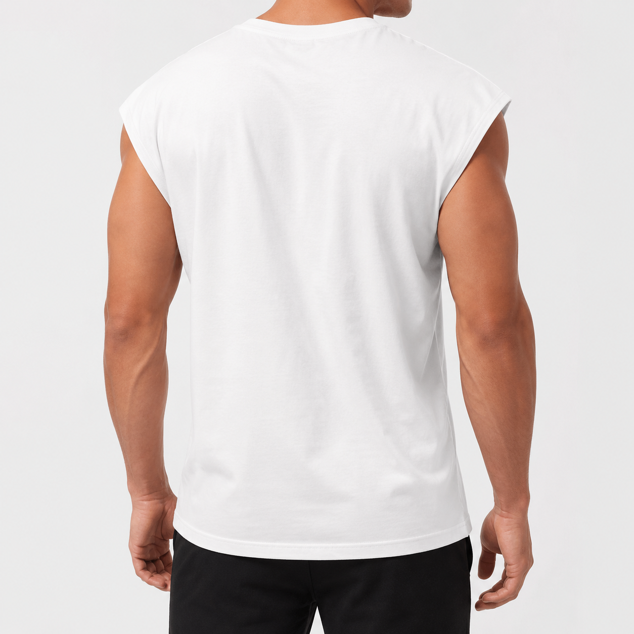 White men's sleeveless crew neck muscle tee back view