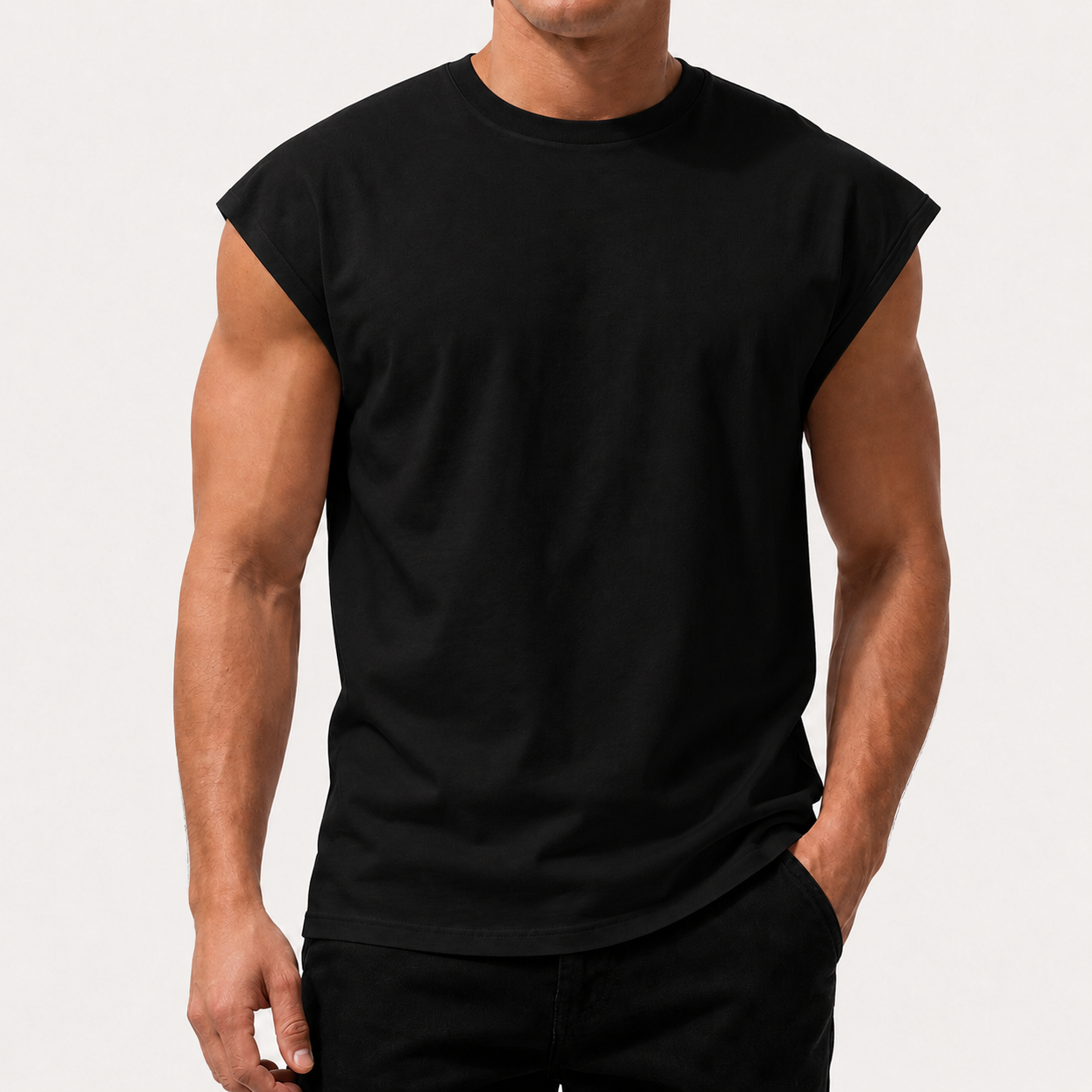 Black men's sleeveless crew neck muscle tee