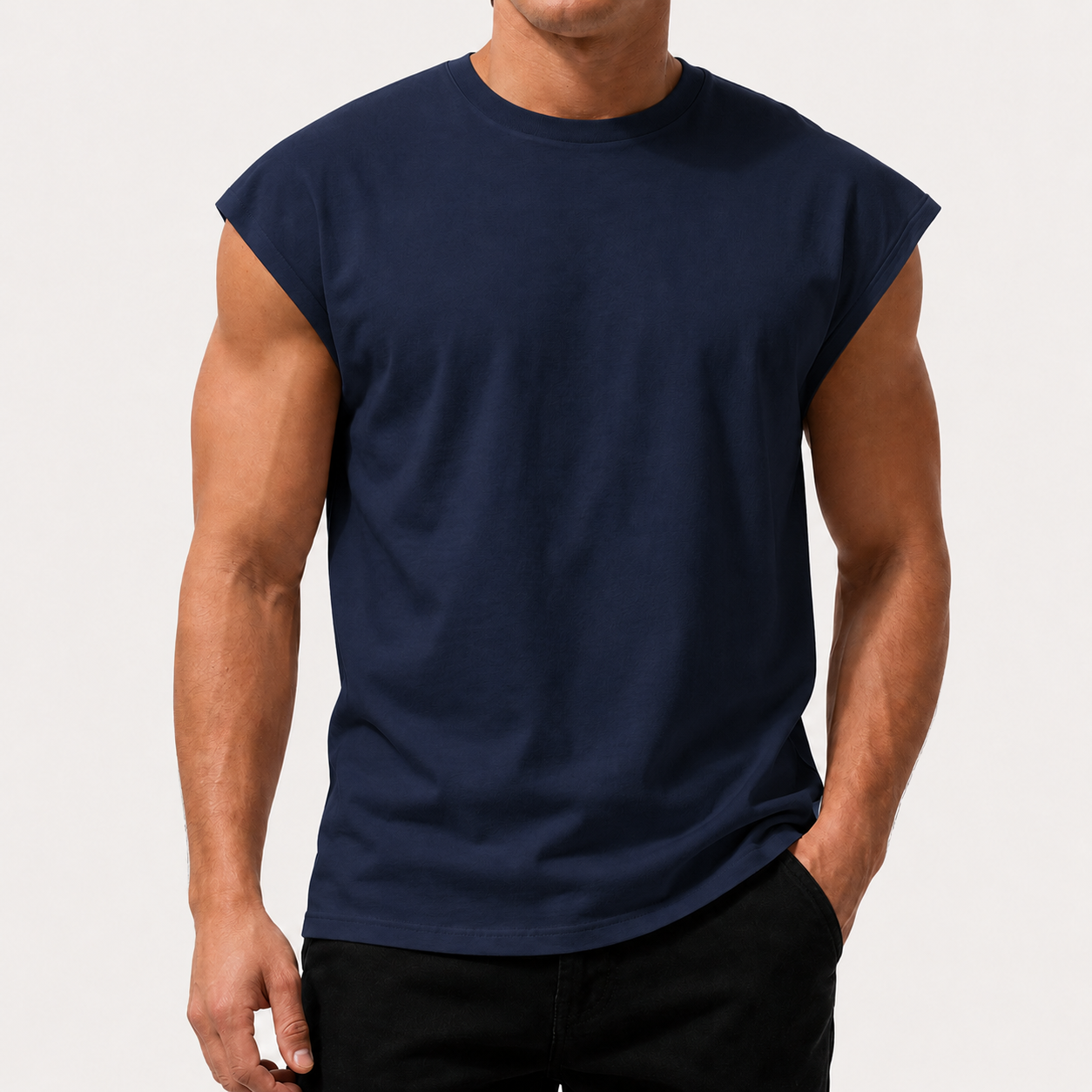 Navy men's sleeveless crew neck muscle tee