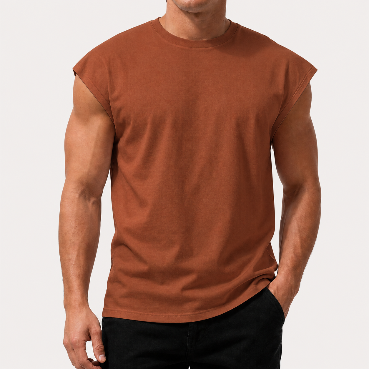 Rust Brown men's sleeveless crew neck muscle tee