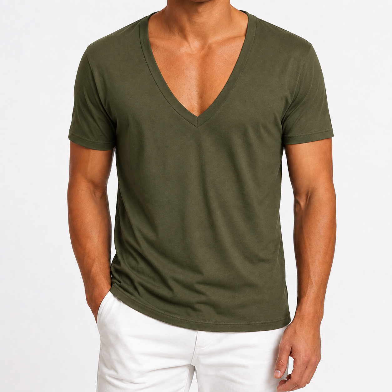 Olive green men's deep V-neck T-shirt front view
