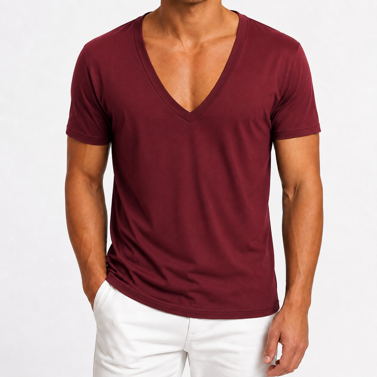 Burgundy men's deep V-neck T-shirt front view
