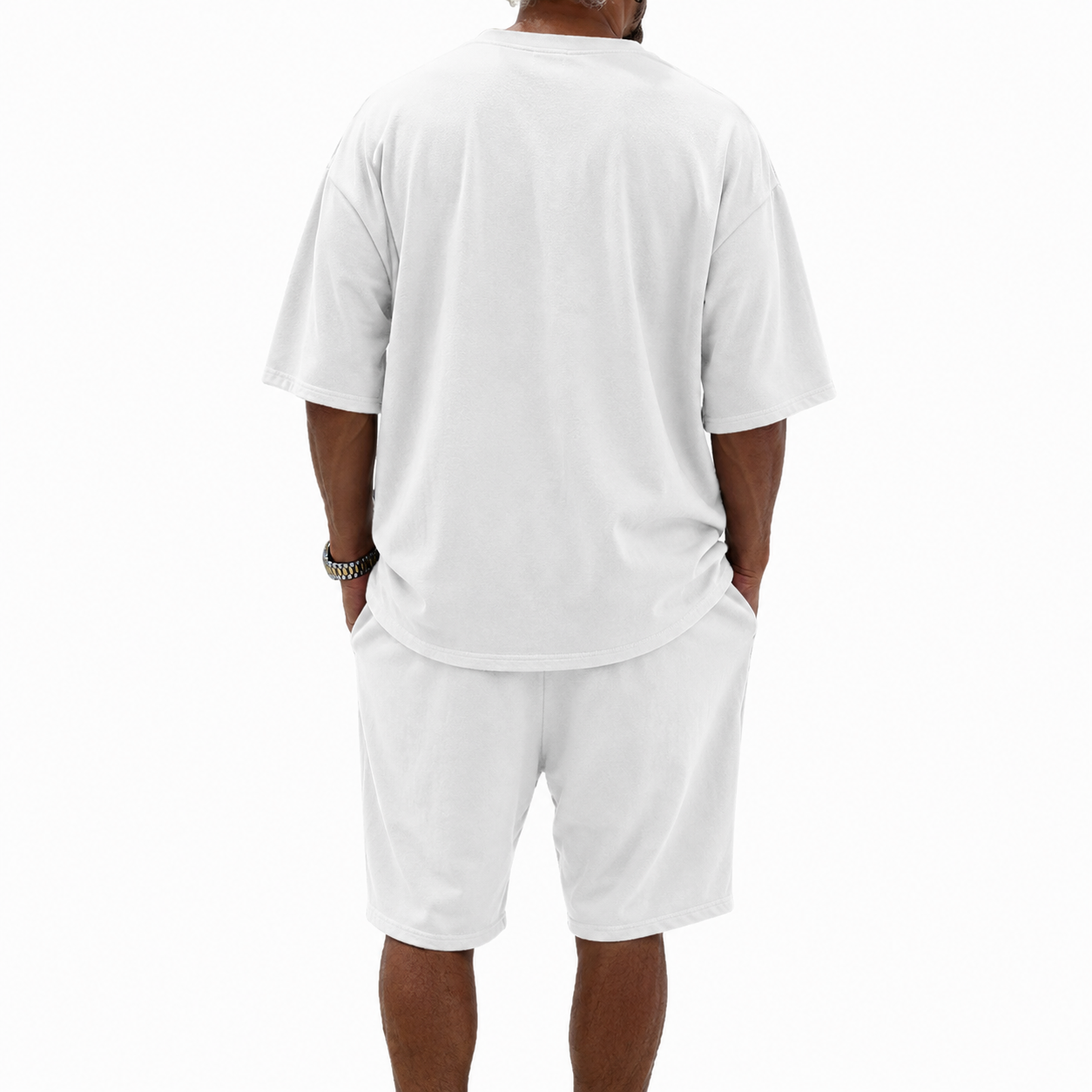 Soft White men's relaxed crew neck T-shirt and drawstring shorts set back view