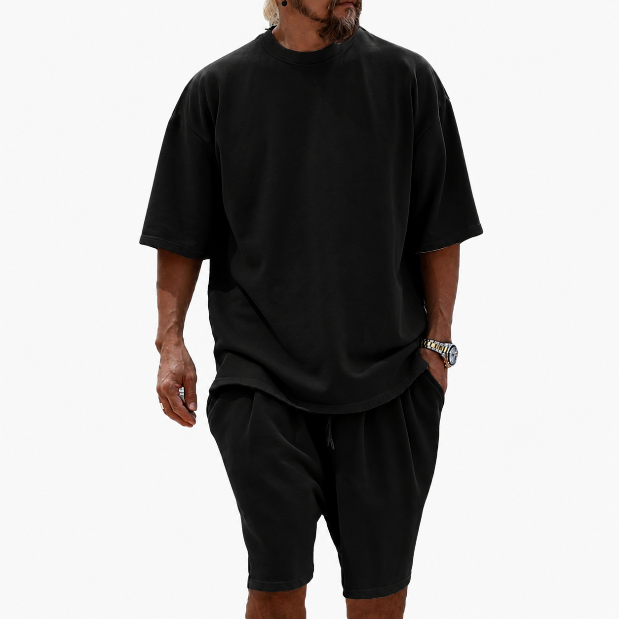Black men's relaxed crew neck T-shirt and drawstring shorts set