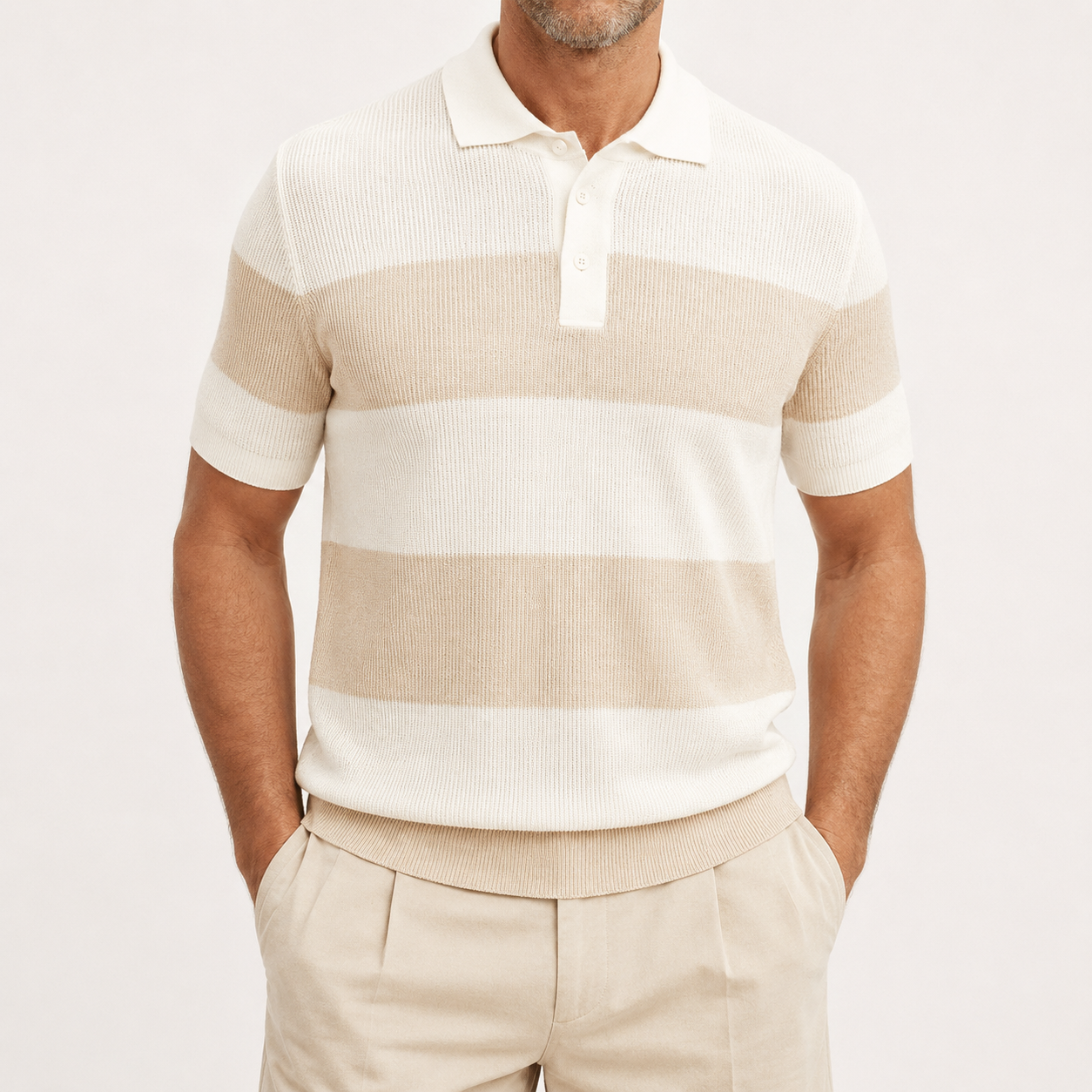 Men's oatmeal beige striped ribbed knit polo front view