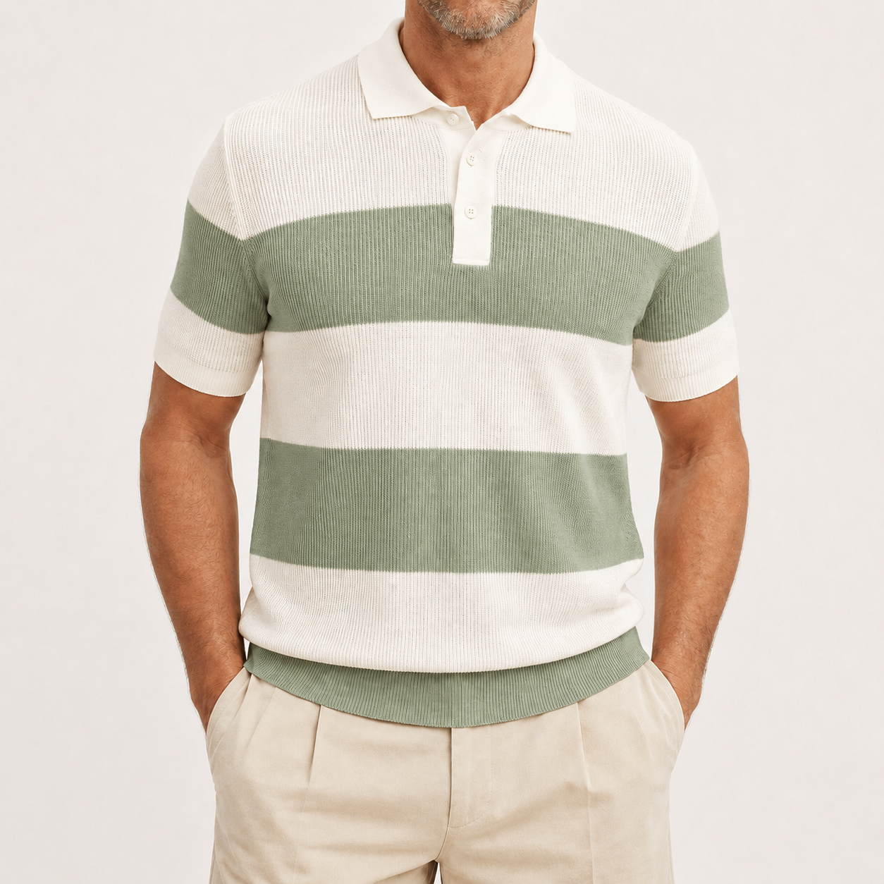 Men's sage green striped ribbed knit polo front view