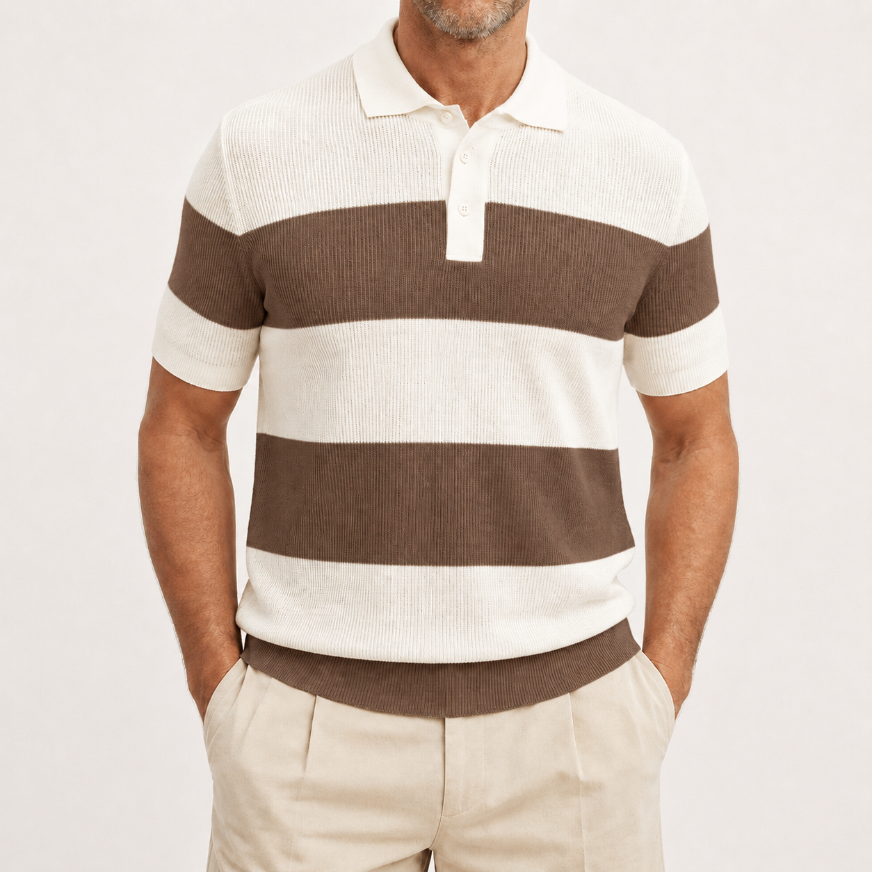 Men's cocoa brown striped ribbed knit polo front view