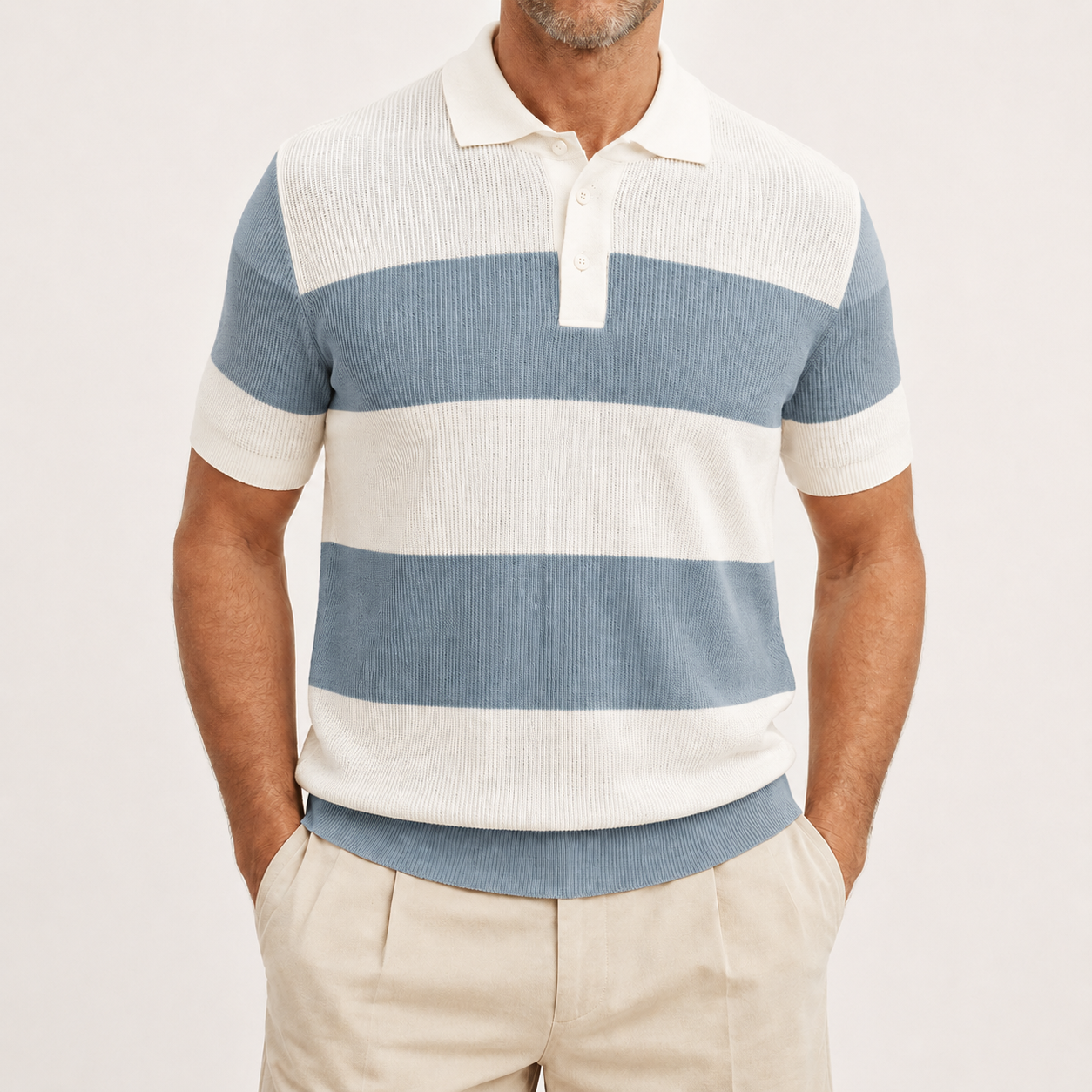 Men's dusty blue striped ribbed knit polo front view