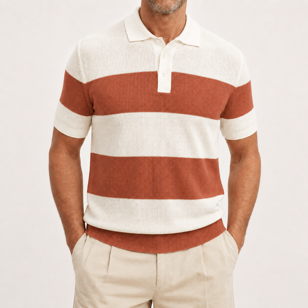 Men's brick rust striped ribbed knit polo front view
