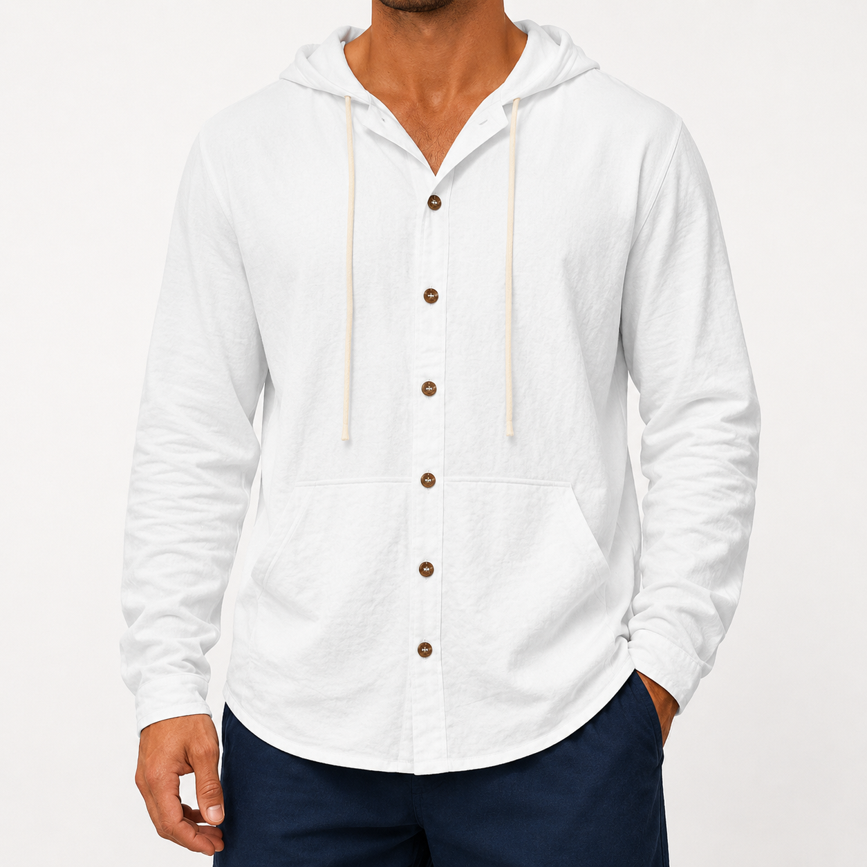 White men's hooded button-up shirt front view