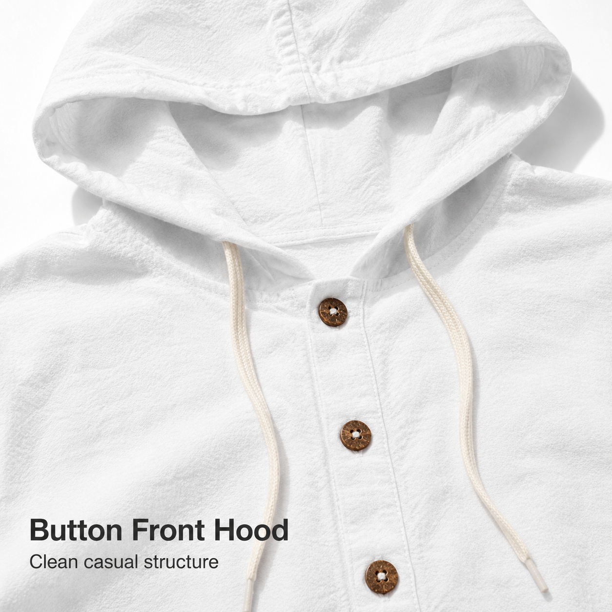 Button front hood and drawstring detail