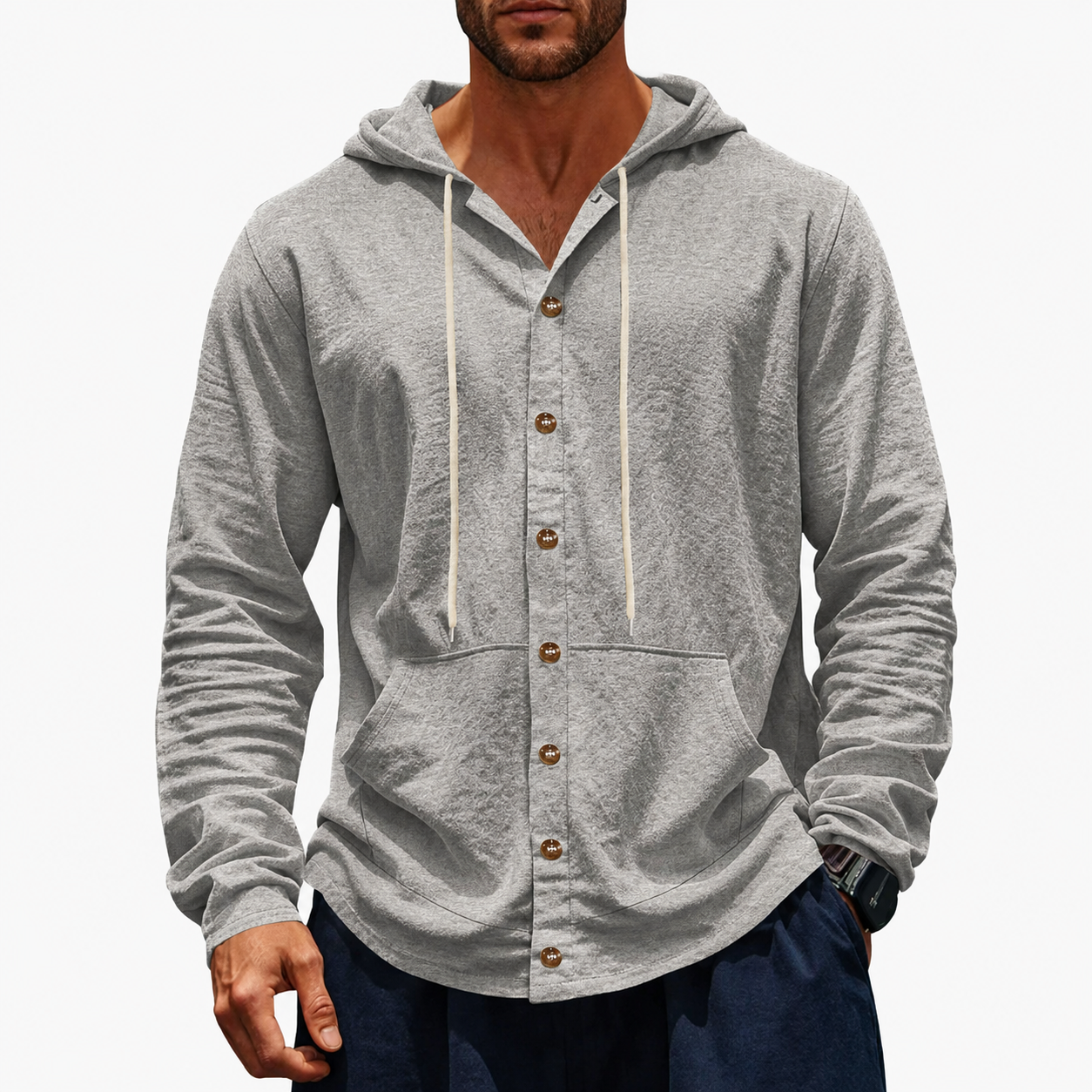 Heather Gray men's hooded button-up shirt