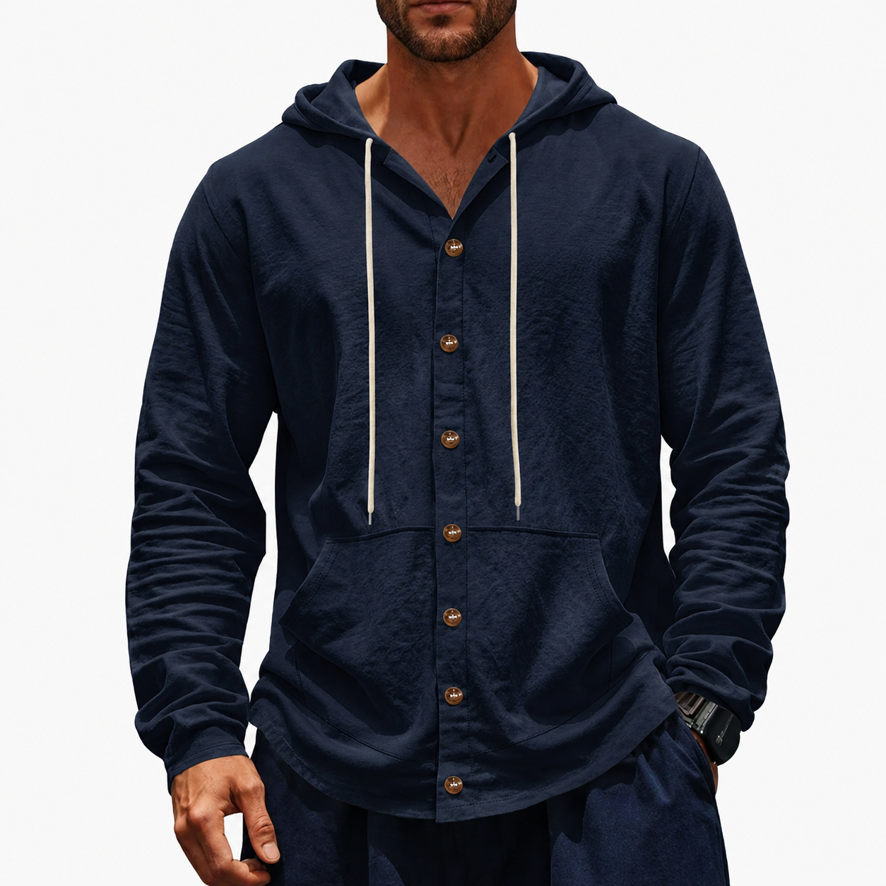 Navy men's hooded button-up shirt