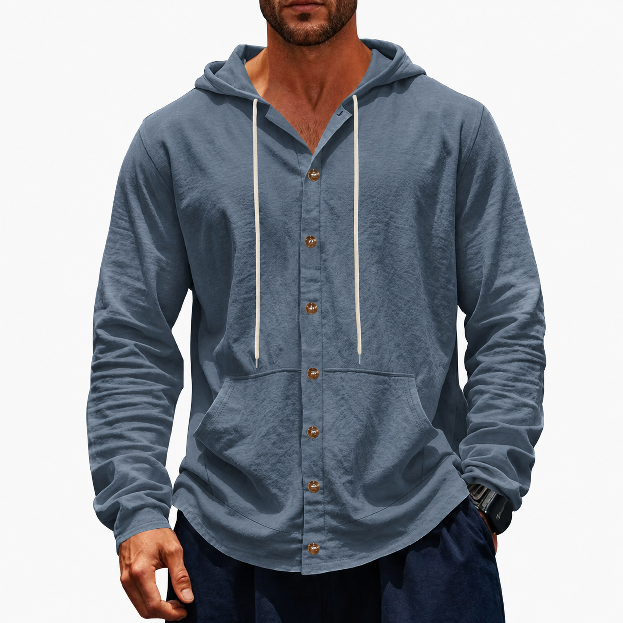 Slate Blue men's hooded button-up shirt