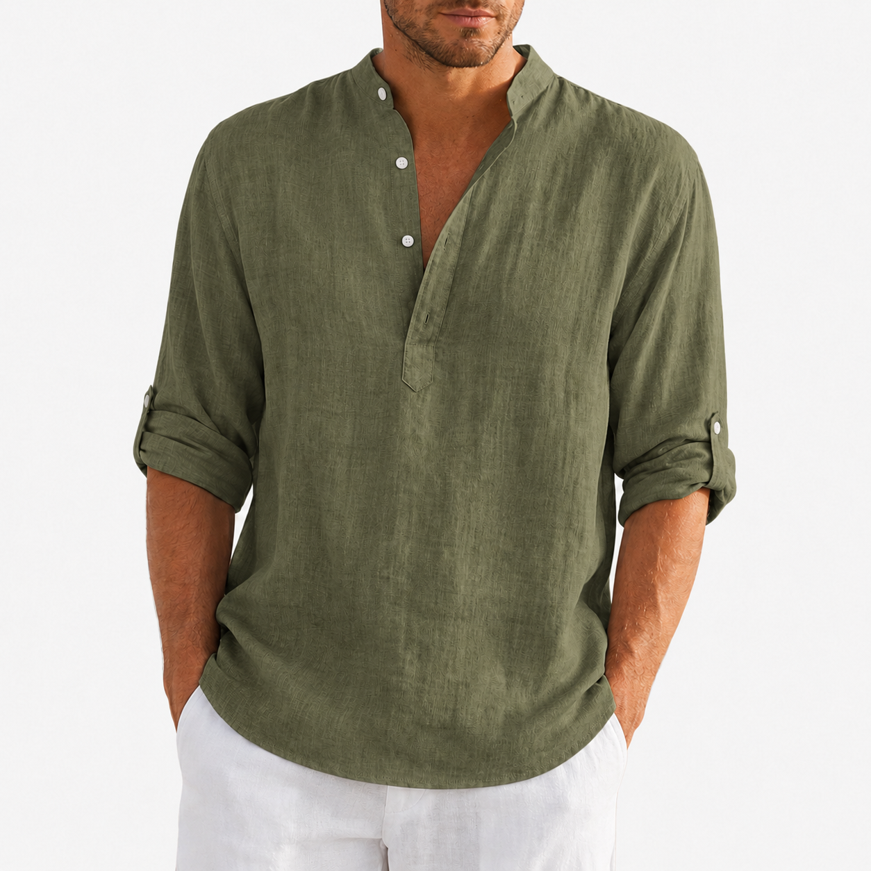 Olive green men's textured band collar shirt