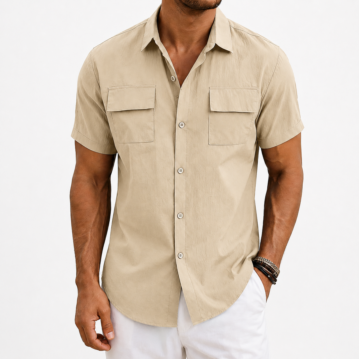 Sand beige men's utility button-up shirt front view