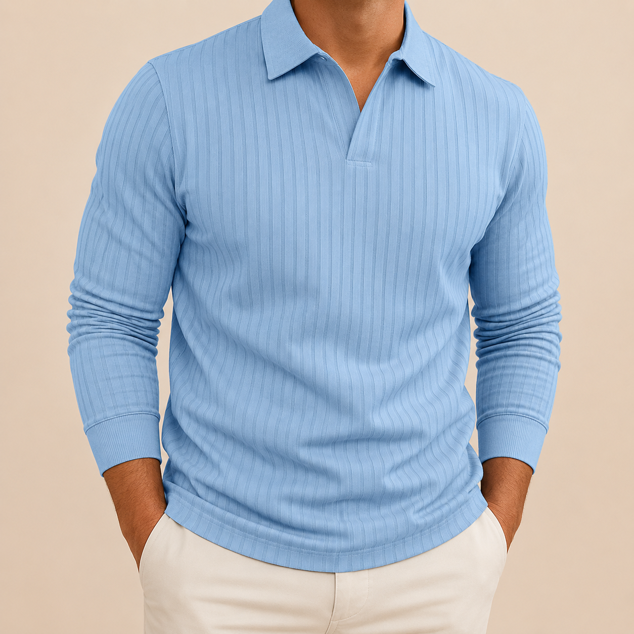 Sky blue men's ribbed long sleeve polo shirt