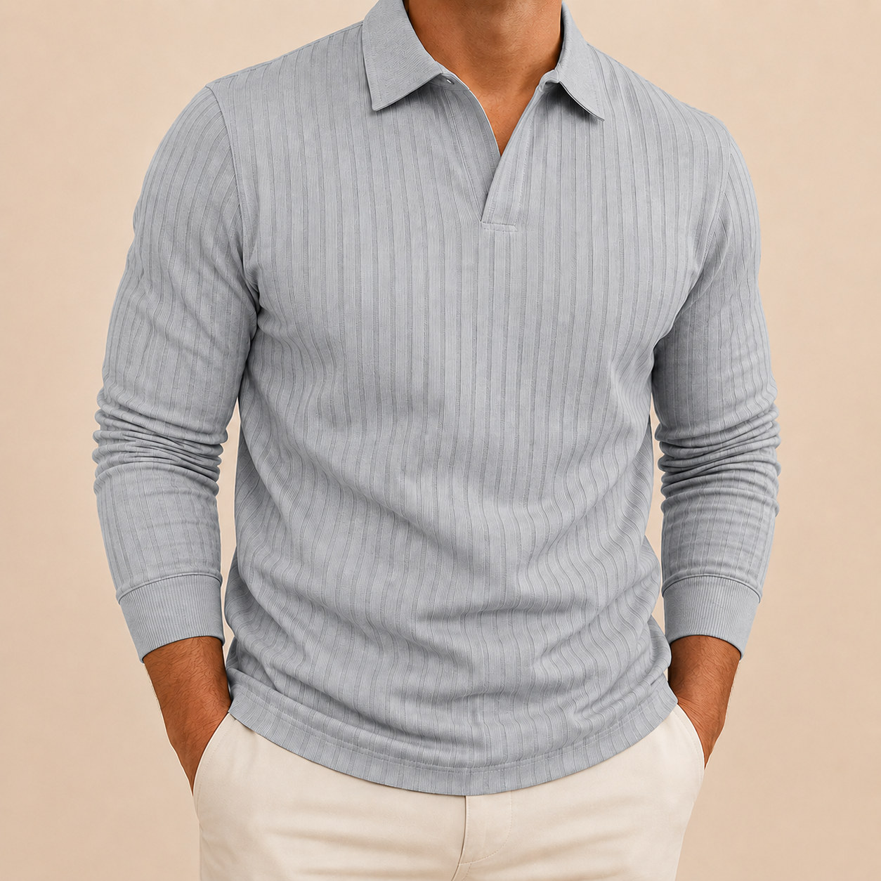 Heather gray men's ribbed long sleeve polo shirt