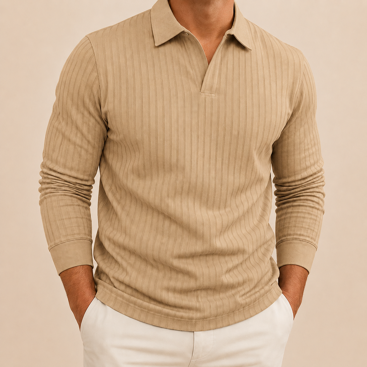 Khaki beige men's ribbed long sleeve polo shirt