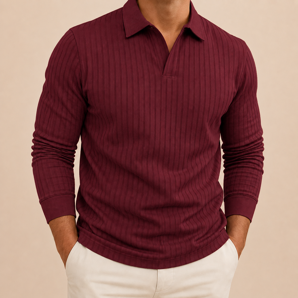 Burgundy men's ribbed long sleeve polo shirt