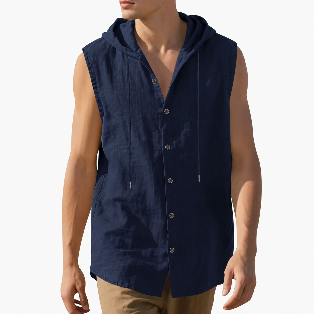 Navy blue men's sleeveless hooded button-up shirt