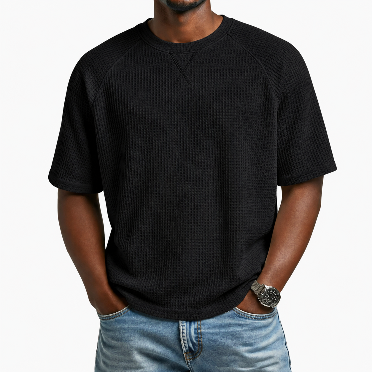Black men's waffle-knit crewneck short sleeve T-shirt