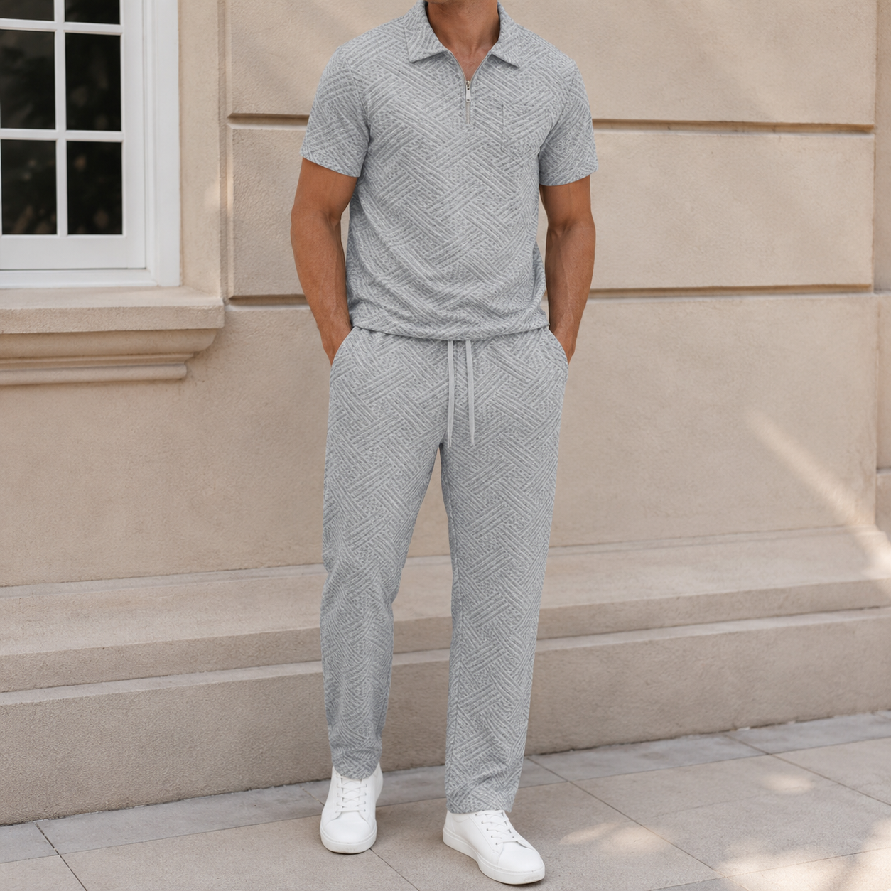 Heather Gray men's textured half-zip polo and pants set front view