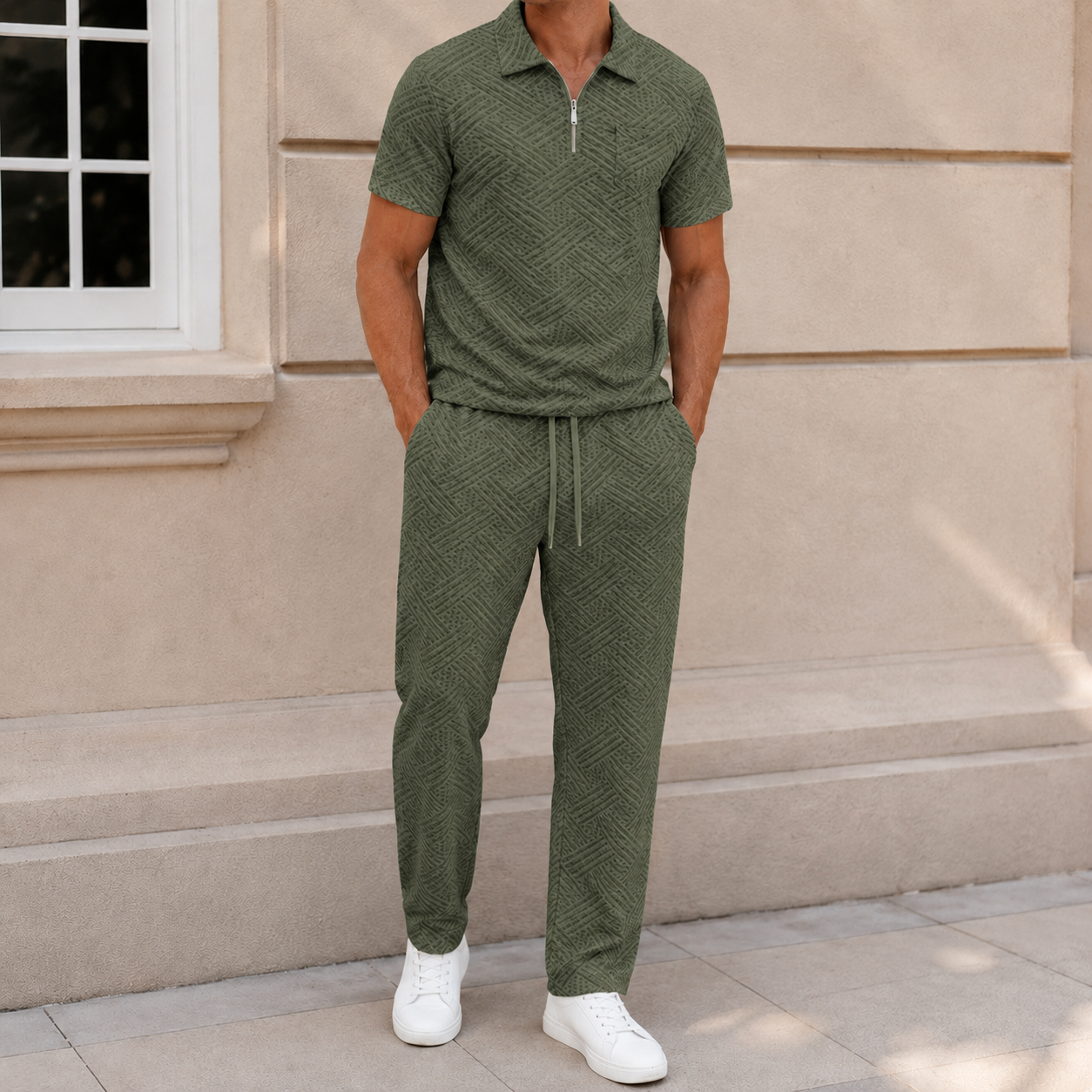 Olive Green men's textured half-zip polo and pants set