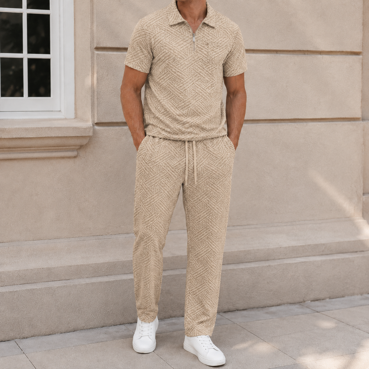 Sand Beige men's textured half-zip polo and pants set