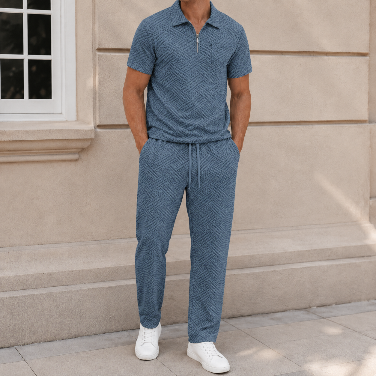 Slate Blue men's textured half-zip polo and pants set