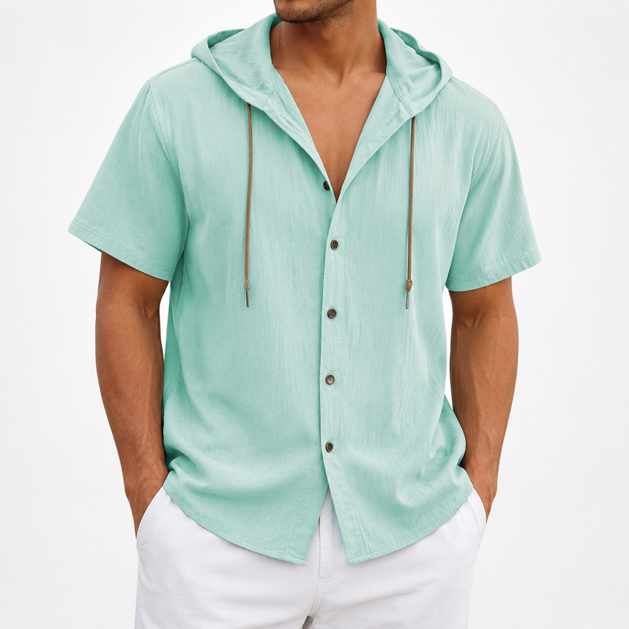 Seafoam green hooded button-front shirt front view