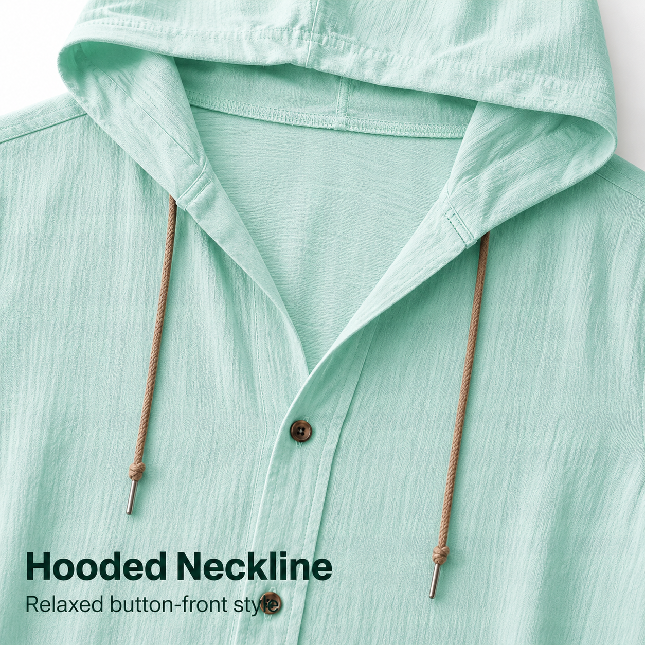 Hooded neckline with drawstrings and button-front placket