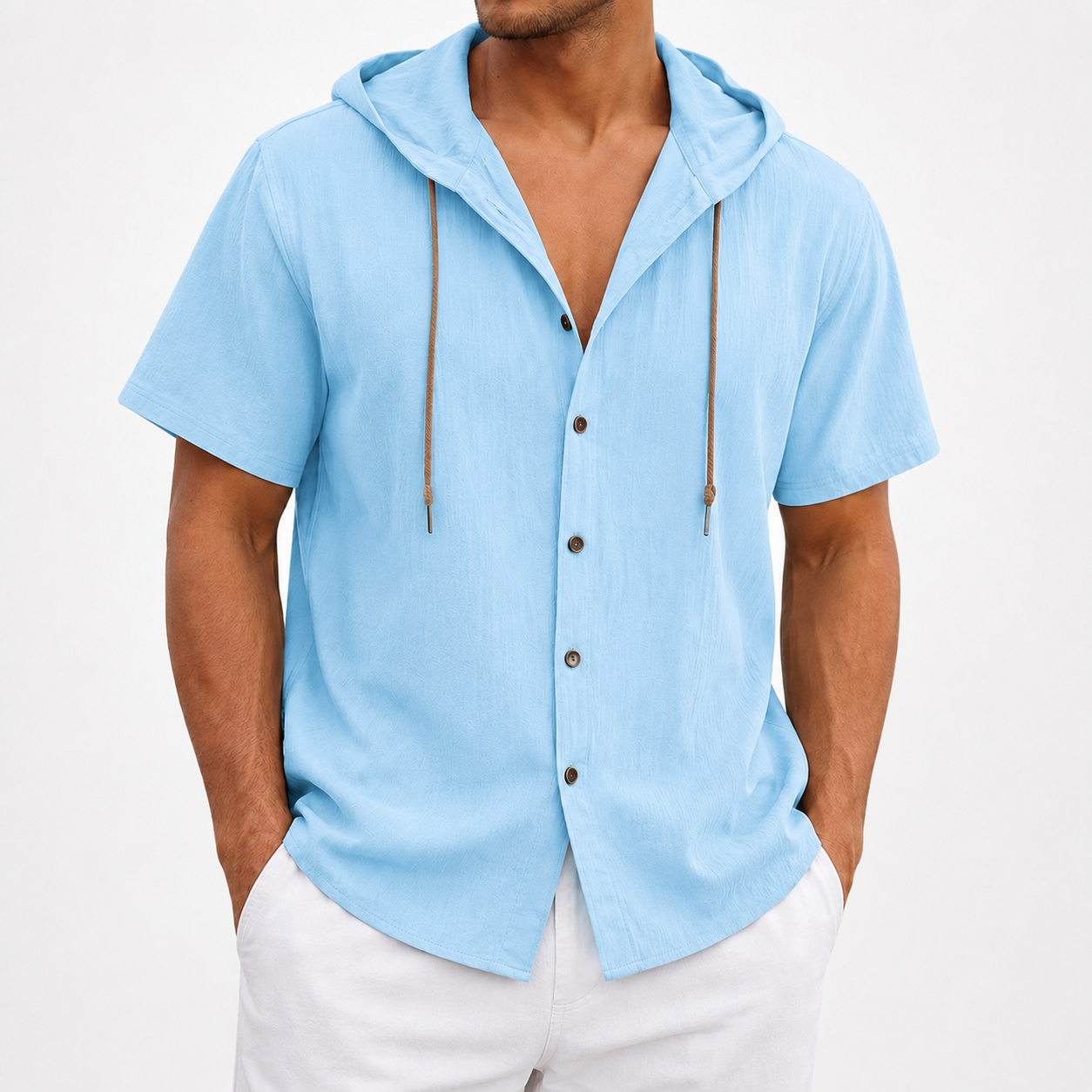 Sky blue hooded button-front shirt front view