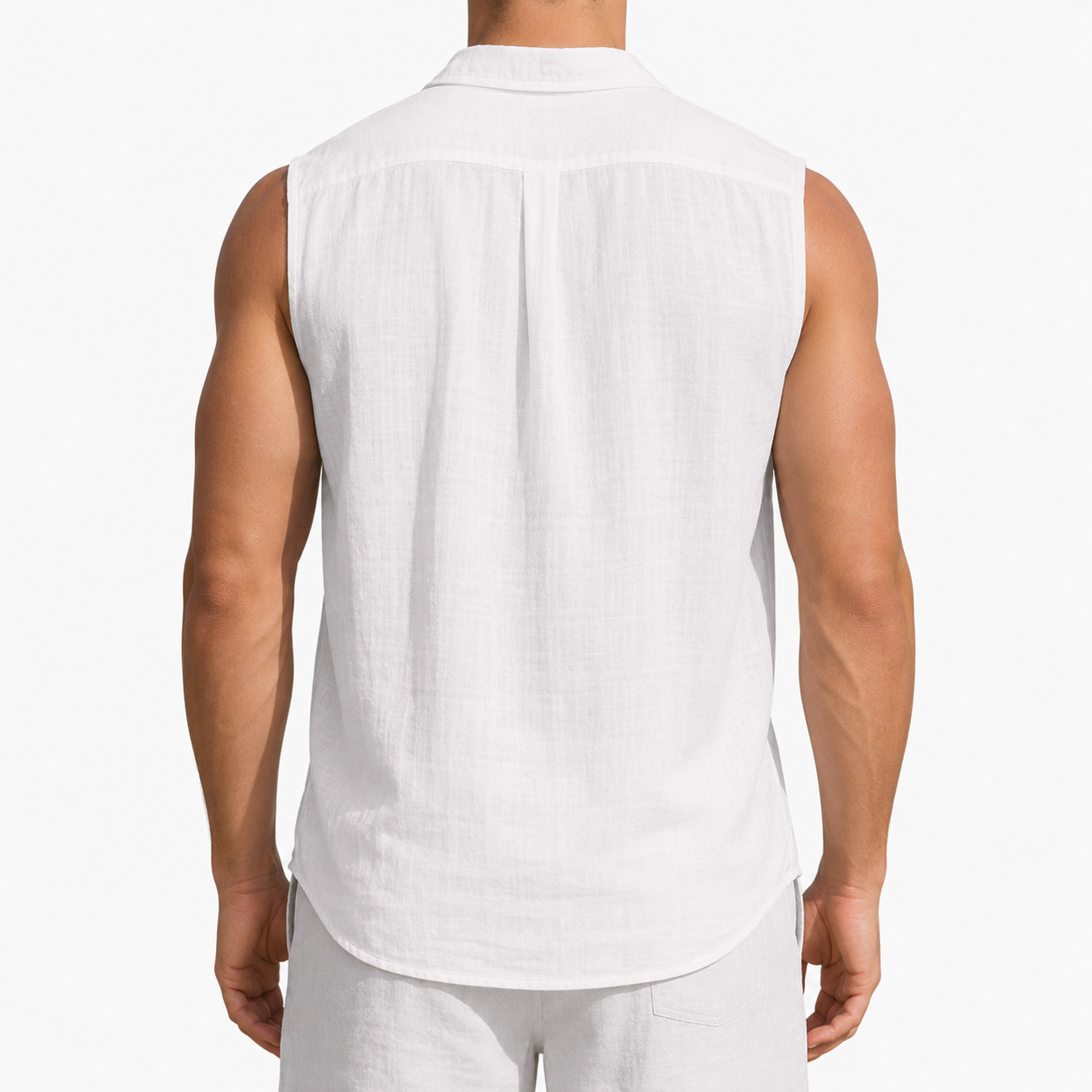 Back view of white sleeveless button-up shirt and matching shorts