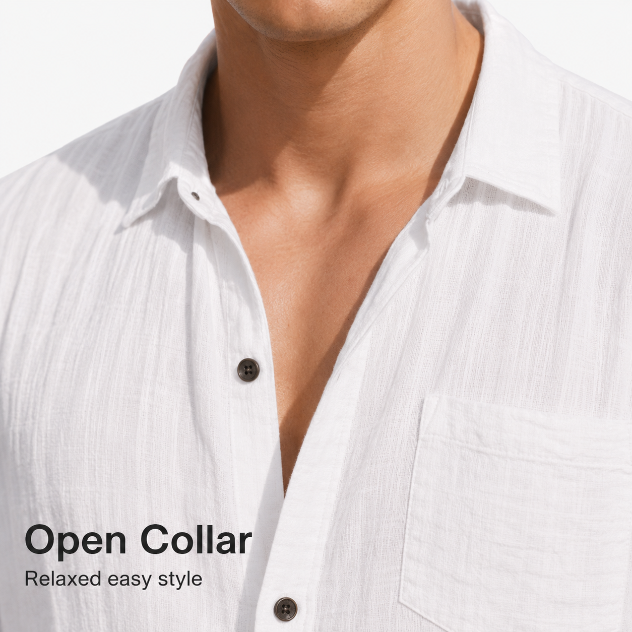 Open collar and chest pocket detail on sleeveless button-up shirt