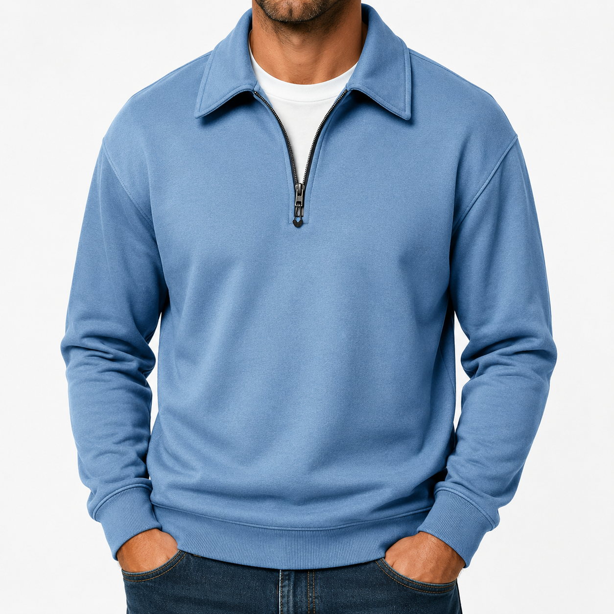 Sky blue mens quarter zip pullover sweatshirt front view